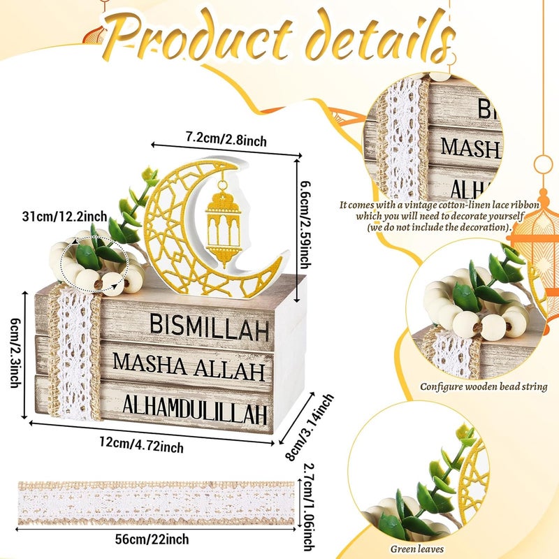 Anglechic Ramadan Decorations for Home Eid Mubarak Decorations Wood Ramadan Table Sign Golden Moon Eid Tiered Tray Sign for Islamic Muslim Table Indoor Shelf Office Gifts - Image 4